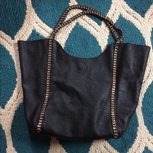 Black Vegan Leather Shoulder Bag with Chain Detail